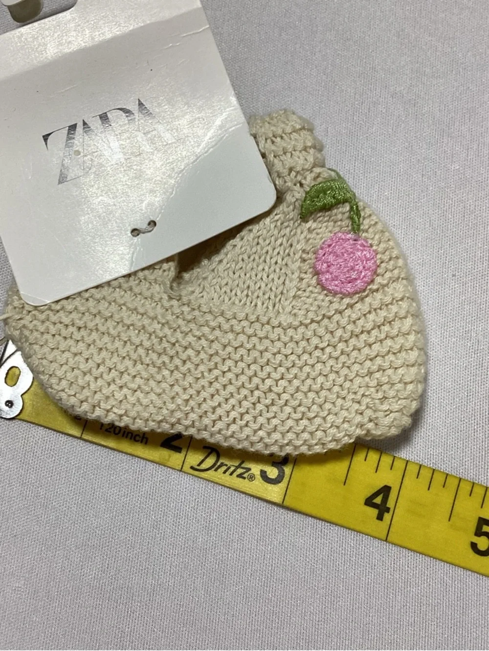Zara Knit Baby Booties Cream with Pink Cherry Embroidery